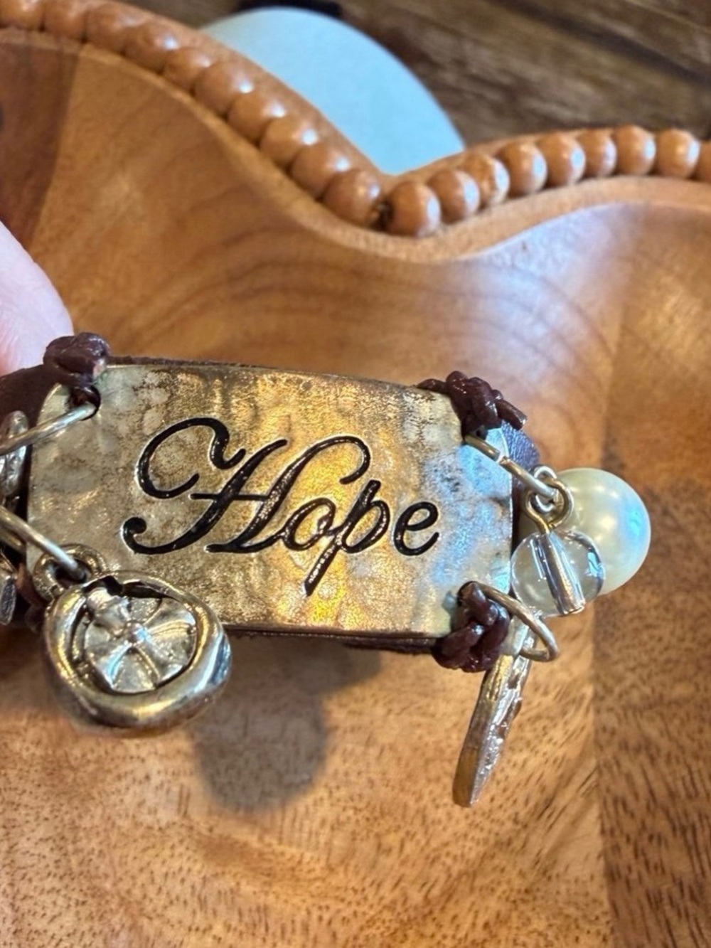 Hope Plaque Charm Bracelet in Metallic Gold and Brown